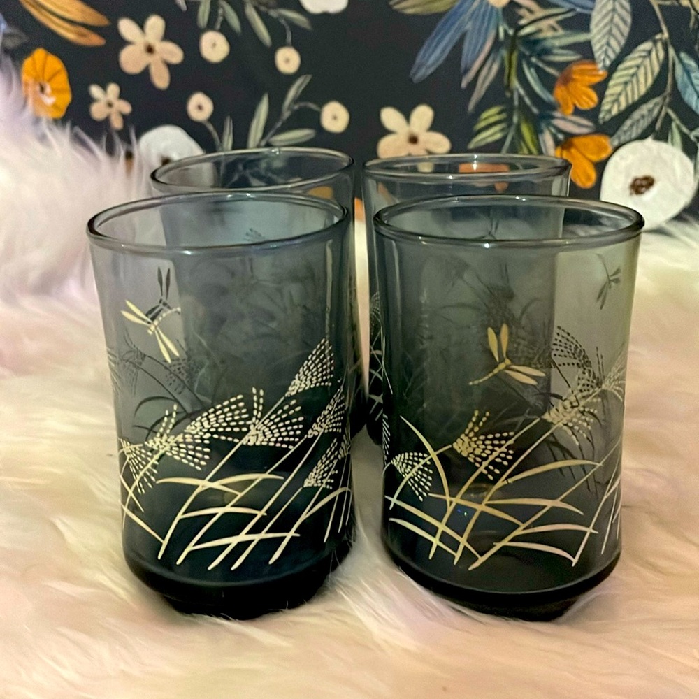 Vintage Libbey Dusky Blue Dragonfly Juice Glasses, set of 4